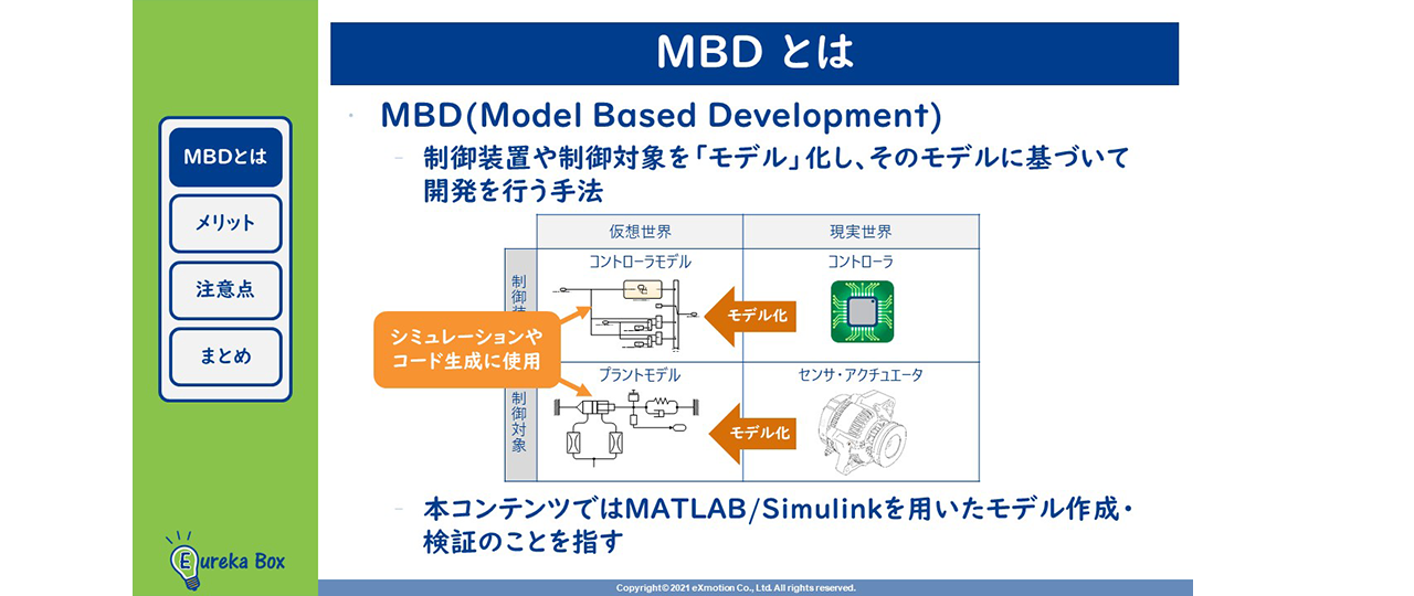 MBDとは、Model Based Developmentの略称。エンジニアの独学、リスキリング、オンライン学習　MBD　モデルベース開発